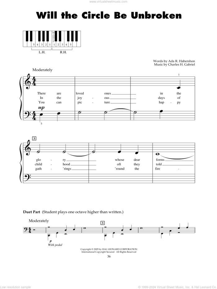 Will The Circle Be Unbroken sheet music for piano solo (5-fingers) by Charles H. Gabriel and Ada R. Habershon, beginner piano (5-fingers)