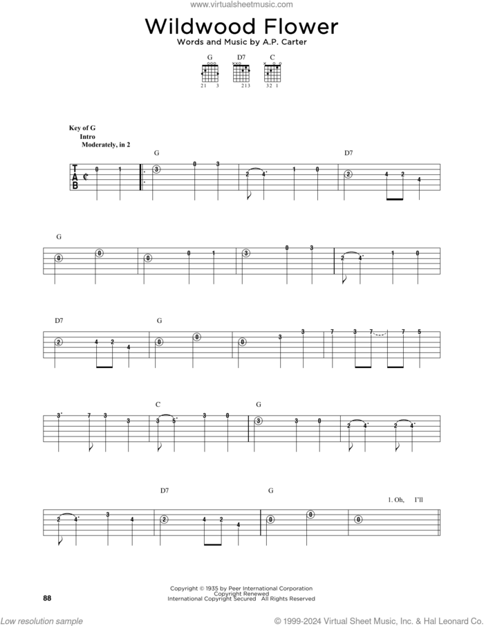 Wildwood Flower sheet music for guitar solo by The Carter Family and A.P. Carter, intermediate skill level