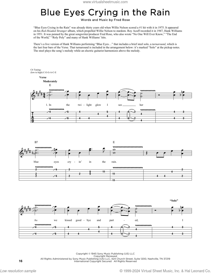 Blue Eyes Crying In The Rain sheet music for guitar (tablature) by Willie Nelson, Elvis Presley and Fred Rose, intermediate skill level