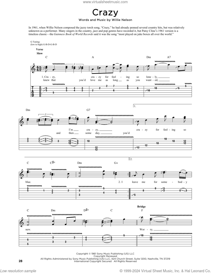 Crazy sheet music for guitar (tablature) by Patsy Cline and Willie Nelson, intermediate skill level
