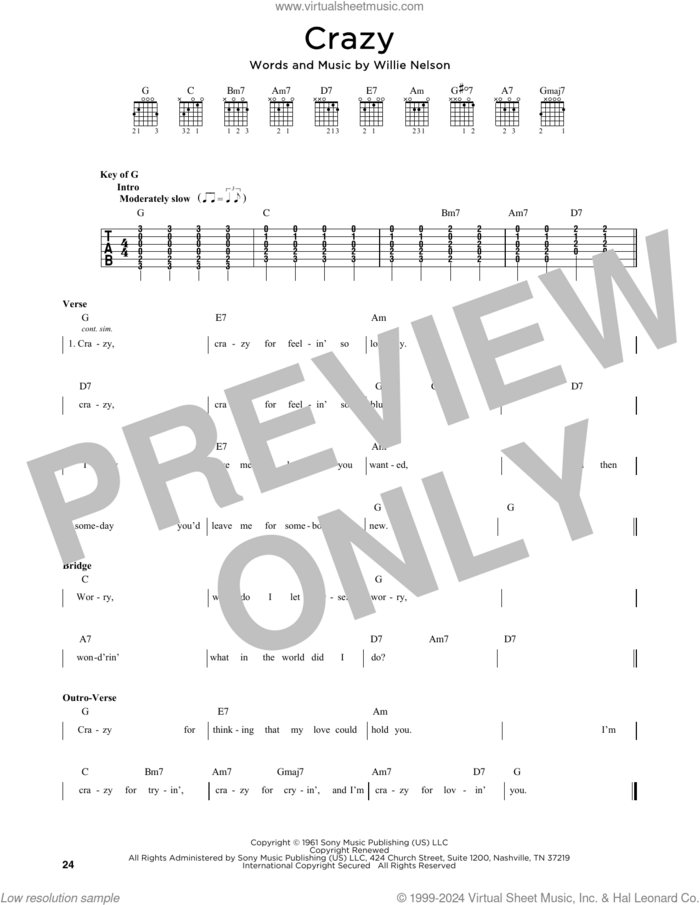 Crazy sheet music for guitar solo (chart) by Patsy Cline and Willie Nelson, easy guitar (chart)