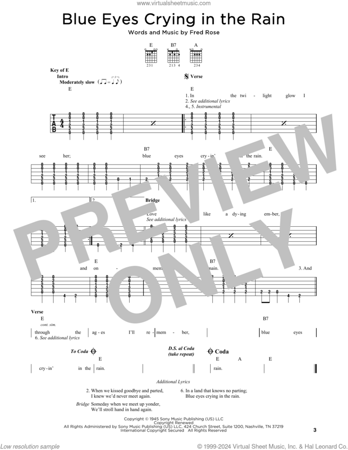 Blue Eyes Crying In The Rain sheet music for guitar solo by Willie Nelson, Elvis Presley and Fred Rose, intermediate skill level