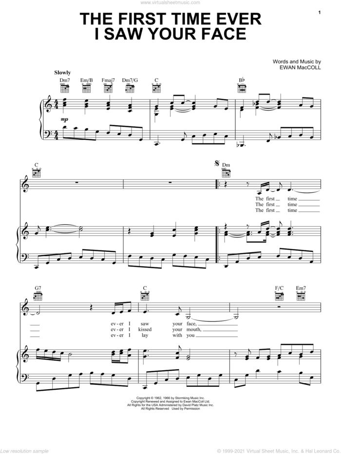 The First Time Ever I Saw Your Face sheet music for voice, piano or guitar by Roberta Flack, Elvis Presley, Gordon Lightfoot, Johnny Cash, Marcia Griffiths and Ewan MacColl, intermediate skill level