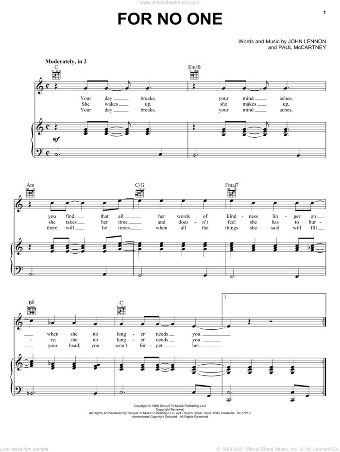 For No One sheet music for voice, piano or guitar by The Beatles, John Lennon and Paul McCartney, intermediate skill level