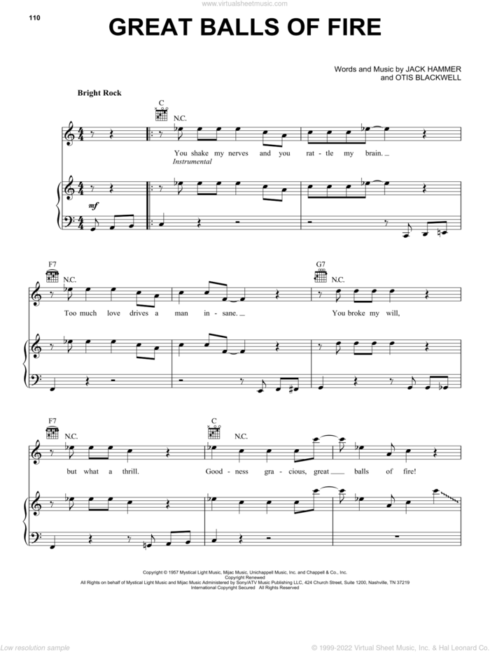Great Balls Of Fire sheet music for voice, piano or guitar by Jerry Lee Lewis, Jack Hammer and Otis Blackwell, intermediate skill level