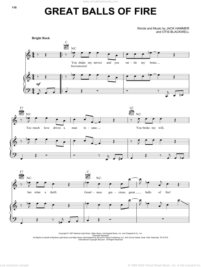 Great Balls Of Fire sheet music for voice, piano or guitar by Jerry Lee Lewis, Jack Hammer and Otis Blackwell, intermediate skill level