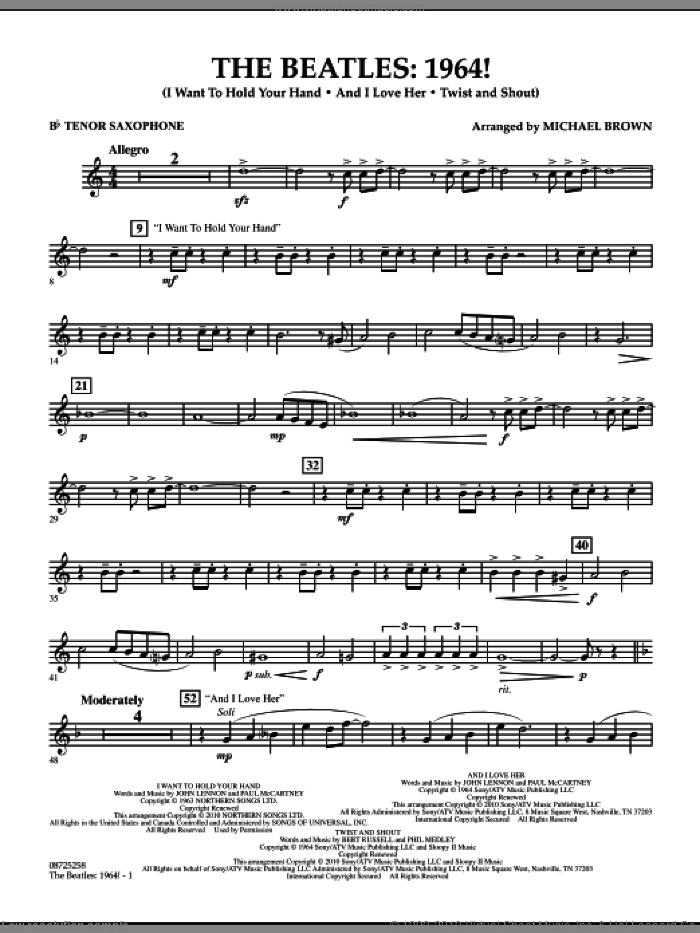 The Beatles, 1964! sheet music for concert band (Bb tenor saxophone) by The Beatles and Michael Brown, intermediate skill level