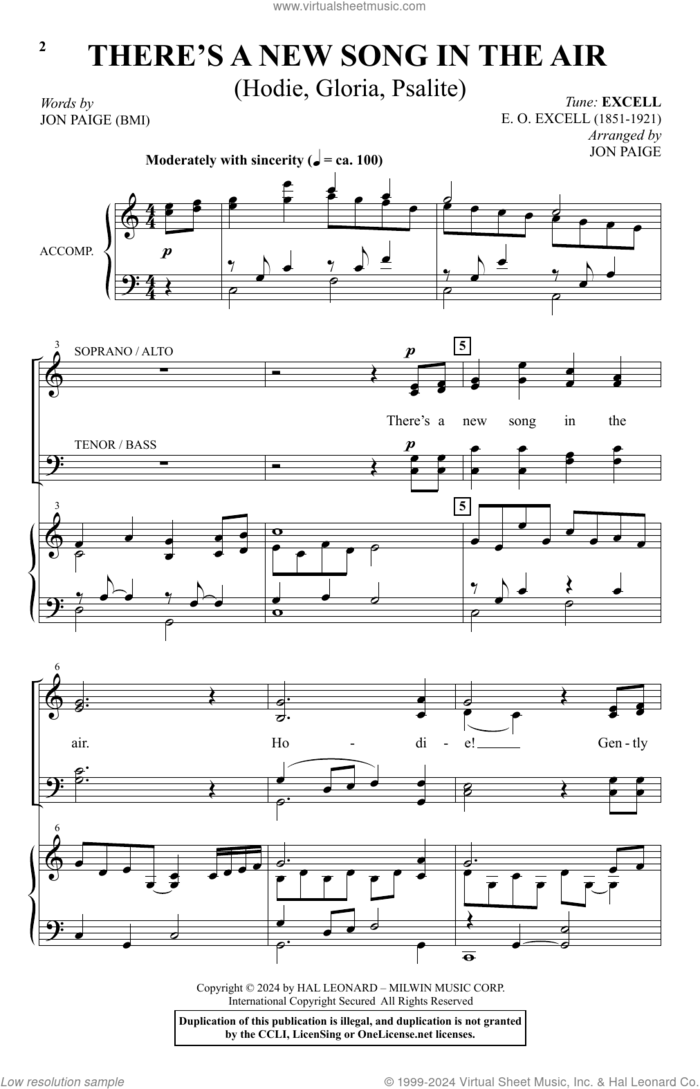There's A New Song In The Air (Hodie, Gloria, Psallite) sheet music for choir (SATB: soprano, alto, tenor, bass) by Jon Paige and Excell, intermediate skill level