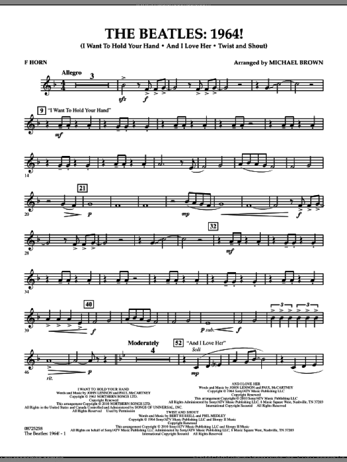 The Beatles, 1964! sheet music for concert band (f horn) by The Beatles and Michael Brown, intermediate skill level