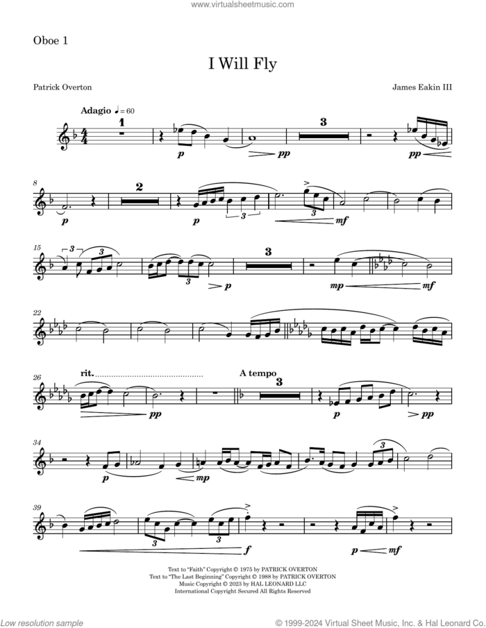 I Will Fly sheet music for orchestra/band (oboe 1) by James Eakin III, James Eakin and Patrick Overton, intermediate skill level