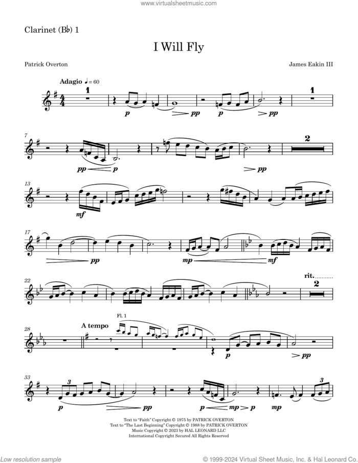 I Will Fly sheet music for orchestra/band (Bb clarinet 1) by James Eakin III, James Eakin and Patrick Overton, intermediate skill level