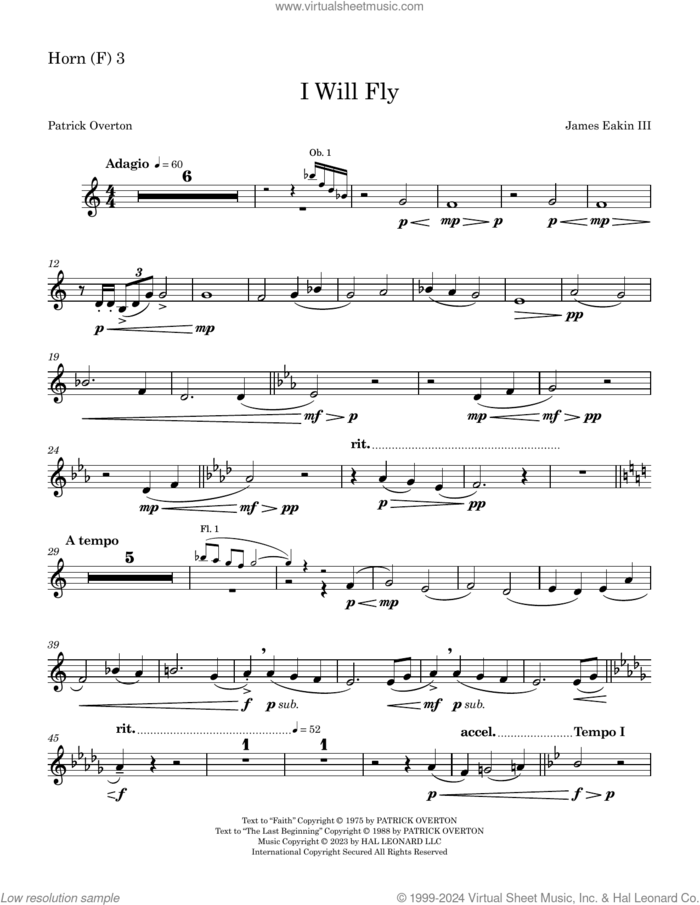 I Will Fly sheet music for orchestra/band (horn 3) by James Eakin III, James Eakin and Patrick Overton, intermediate skill level