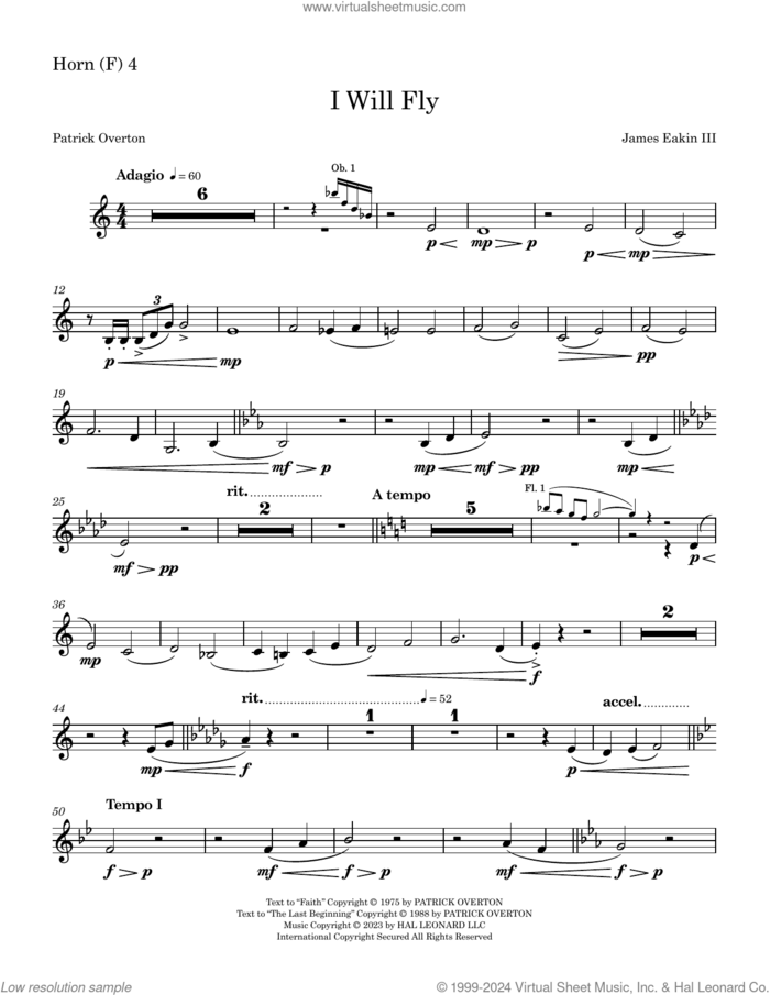 I Will Fly sheet music for orchestra/band (horn 4) by James Eakin III, James Eakin and Patrick Overton, intermediate skill level