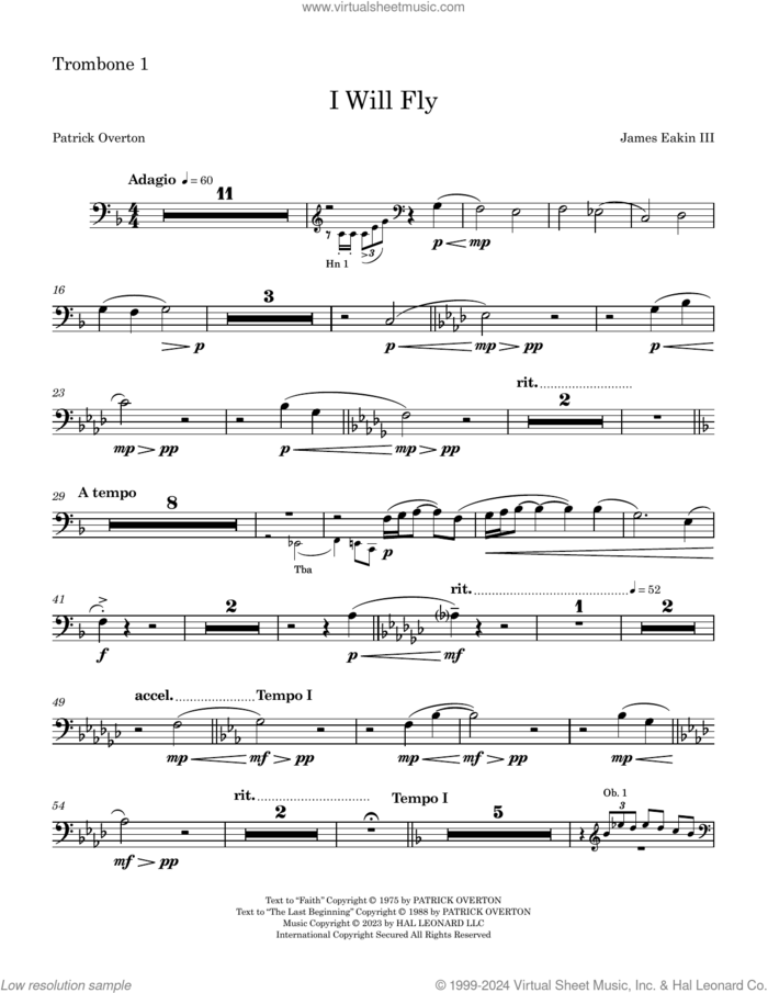 I Will Fly sheet music for orchestra/band (trombone 1) by James Eakin III, James Eakin and Patrick Overton, intermediate skill level