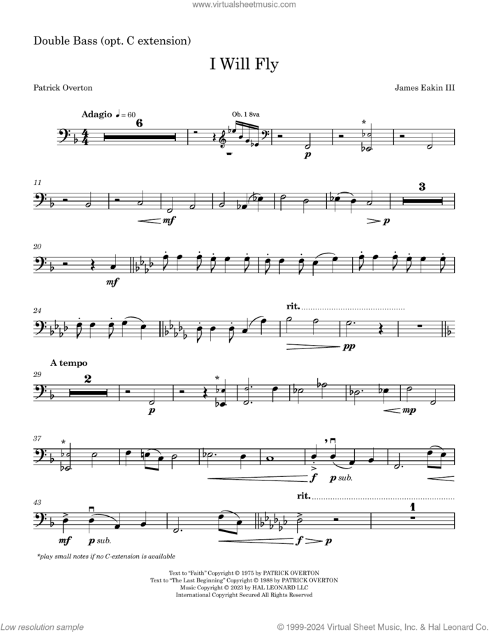 I Will Fly sheet music for orchestra/band (double bass) by James Eakin III, James Eakin and Patrick Overton, intermediate skill level