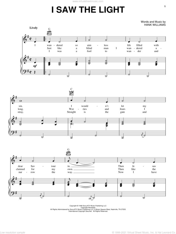 I Saw The Light sheet music for voice, piano or guitar by Hank Williams, intermediate skill level