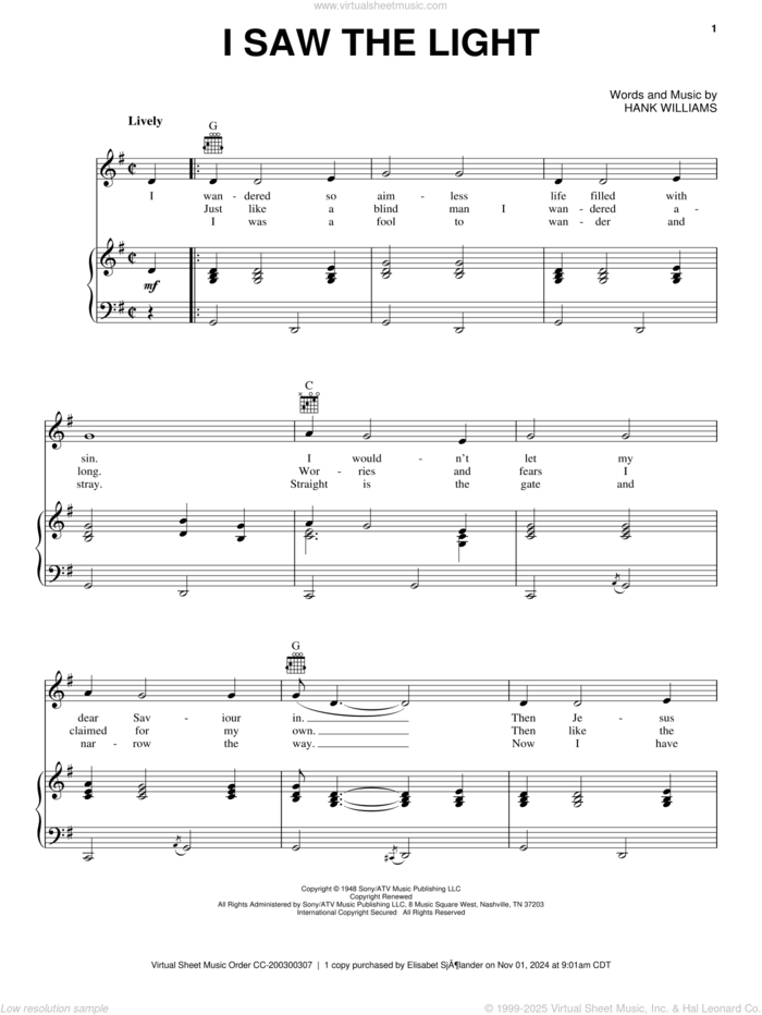 I Saw The Light sheet music for voice, piano or guitar by Hank Williams, intermediate skill level