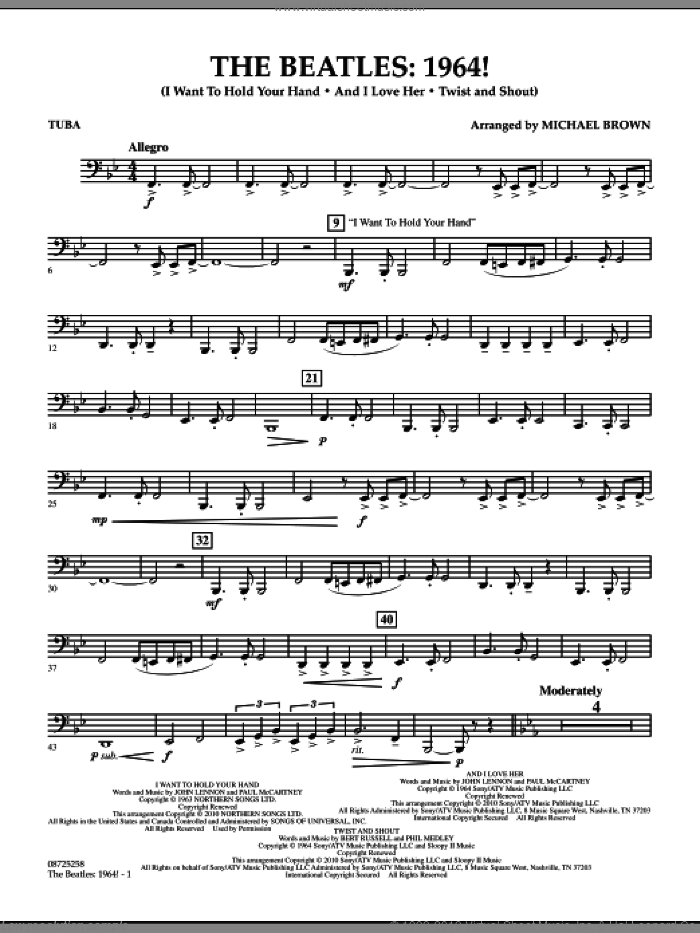 The Beatles, 1964! sheet music for concert band (tuba) by The Beatles and Michael Brown, intermediate skill level
