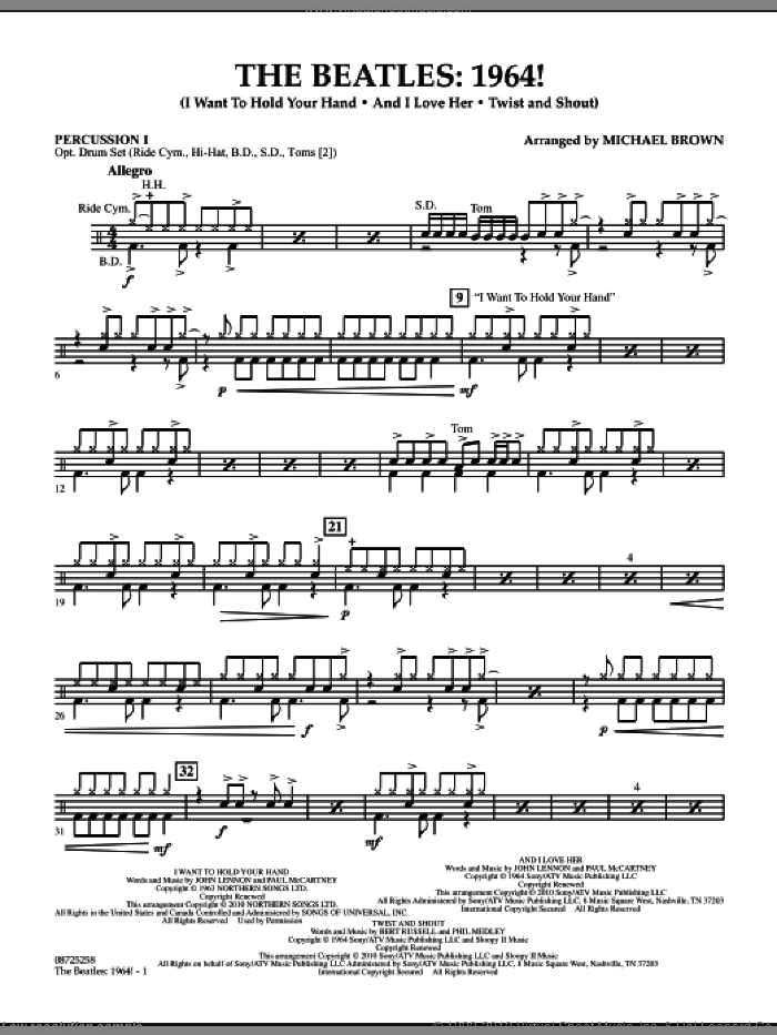 The Beatles, 1964! sheet music for concert band (percussion 1) by The Beatles and Michael Brown, intermediate skill level