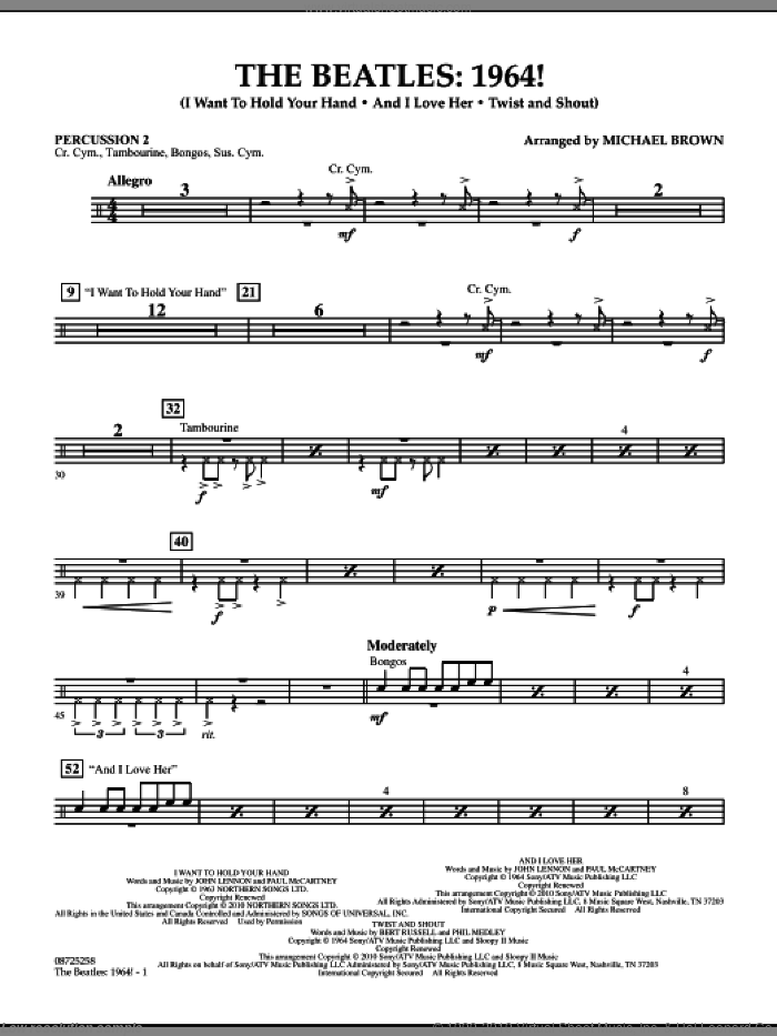 The Beatles, 1964! sheet music for concert band (percussion 2) by The Beatles and Michael Brown, intermediate skill level