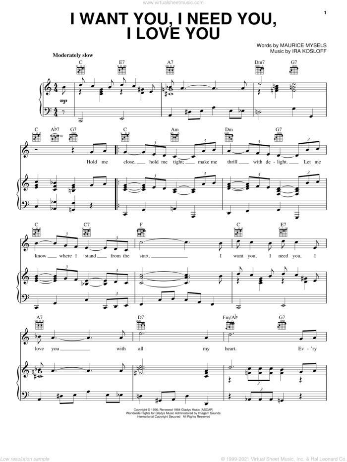I Want You, I Need You, I Love You sheet music for voice, piano or guitar by Elvis Presley, Ira Kosloff and Maurice Mysels, intermediate skill level