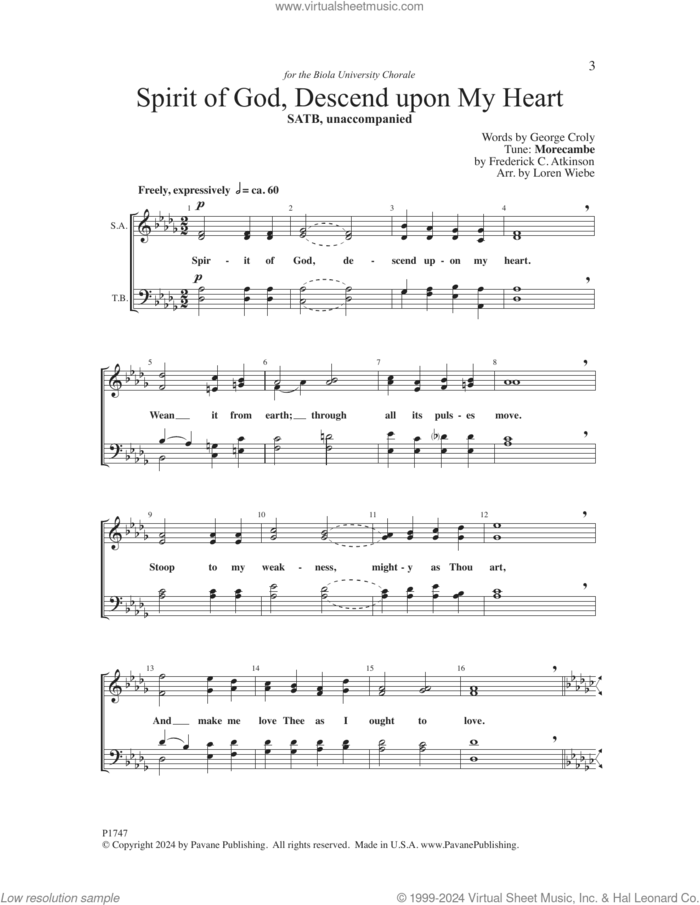 Spirit of God, Descend upon My Heart (arr. Loren Wiebe) sheet music for choir (SATB: soprano, alto, tenor, bass) by FREDERICK C. ATKINSON, Loren Wiebe and George Croly, intermediate skill level