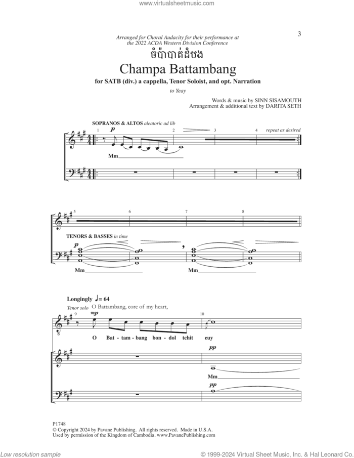 Champa Battambang (arr. Darita Seth) sheet music for choir (SATB: soprano, alto, tenor, bass) by Sinn Sisamouth and Darita Seth, intermediate skill level