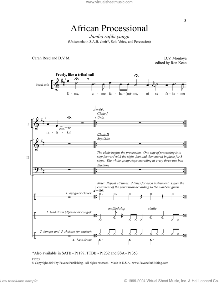 African Processional sheet music for choir (SAB: soprano, alto, bass) by David Montoya and Carah Reed, intermediate skill level