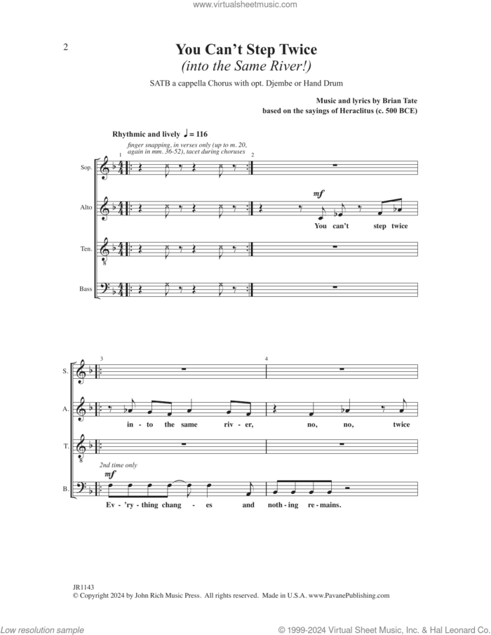 You Can't Step Twice sheet music for choir (SATB: soprano, alto, tenor, bass) by Brian Tate, intermediate skill level