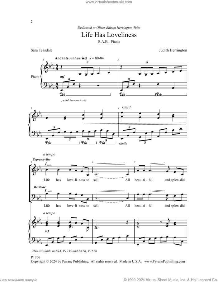 Life Has Loveliness sheet music for choir (SAB: soprano, alto, bass) by Judith Herrington and Sara Teasdale, intermediate skill level