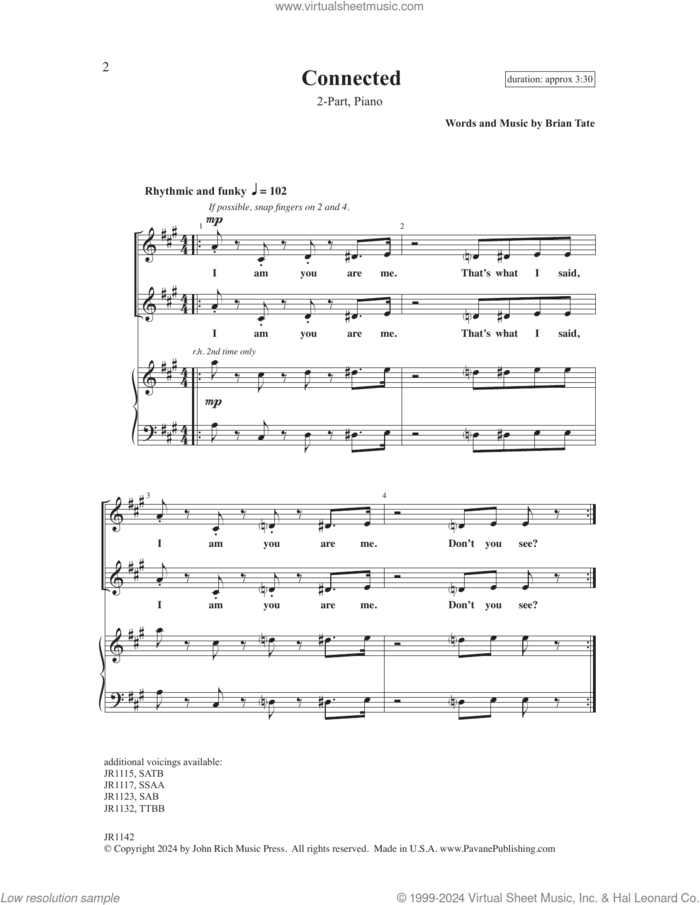 Connected sheet music for choir (SATB: soprano, alto, tenor, bass) by Brian Tate, intermediate skill level