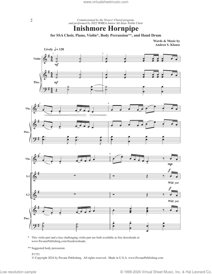 Inishmore Hornpipe sheet music for choir (SSA: soprano, alto) by Andrea S. Klouse, intermediate skill level