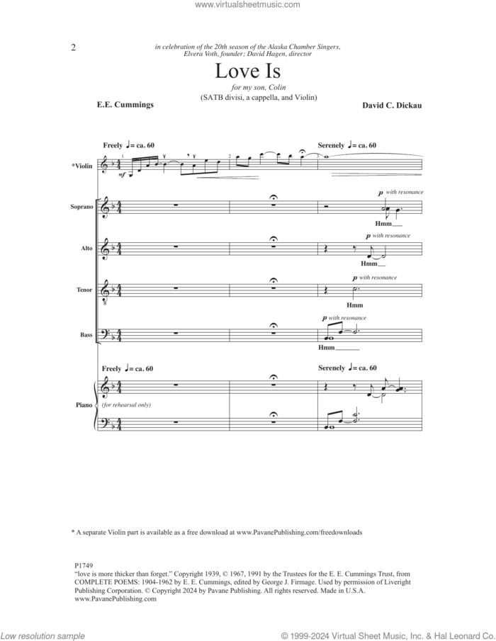 Love Is sheet music for choir (SATB: soprano, alto, tenor, bass) by David C. Dickau and E.E. Cummings, intermediate skill level