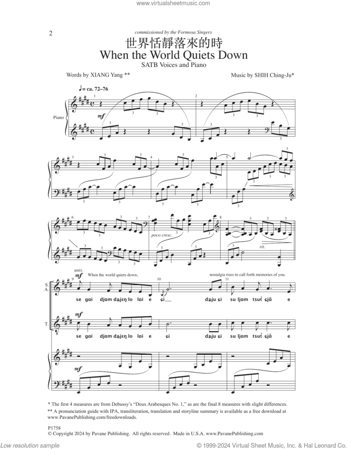 When The World Quiets Down sheet music for choir (SATB: soprano, alto, tenor, bass) by Shih Ching-Ju and Xiang Yang, intermediate skill level