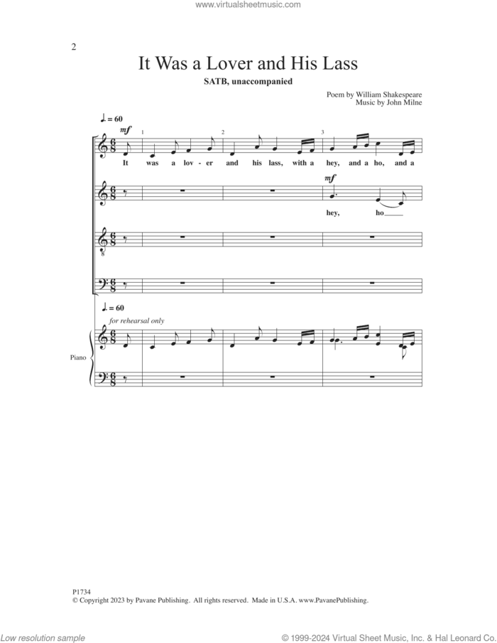 It Was a Lover and His Lass sheet music for choir (SATB: soprano, alto, tenor, bass) by John Milne and William Shakespeare, intermediate skill level
