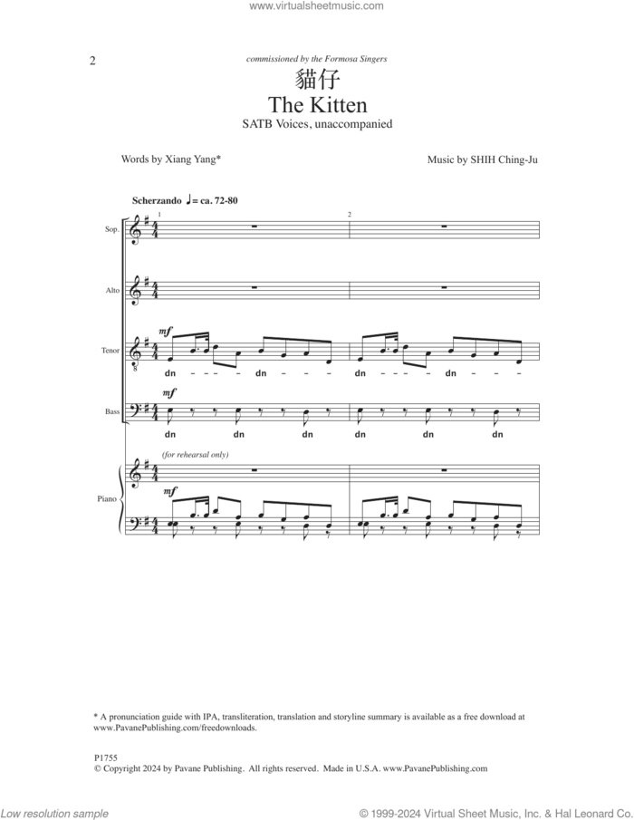 The Kitten sheet music for choir (SATB: soprano, alto, tenor, bass) by Shih Ching-Ju and Xiang Yang, intermediate skill level