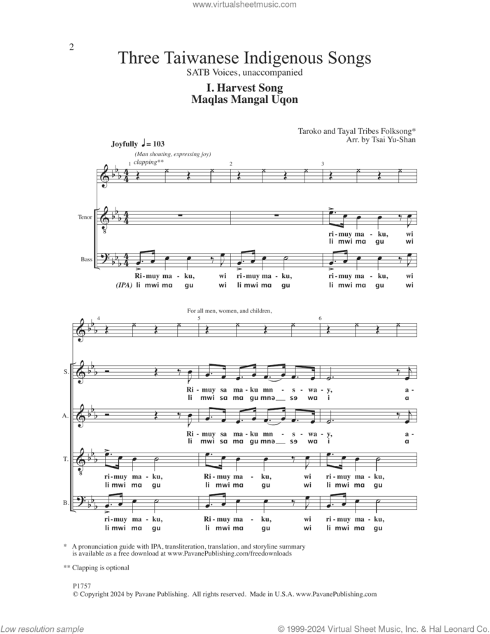 Three Taiwanese Indigenous Songs (arr. Tsai Yu-shan) sheet music for choir (SATB: soprano, alto, tenor, bass) by Taroko Tribe Folksong and Tsai Yu-shan, intermediate skill level