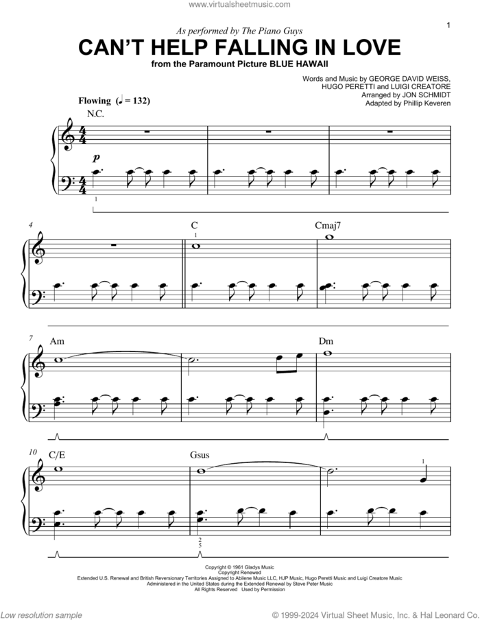Can't Help Falling In Love (arr. Phillip Keveren) sheet music for piano solo by The Piano Guys, Phillip Keveren, George David Weiss, Hugo Peretti and Luigi Creatore, easy skill level