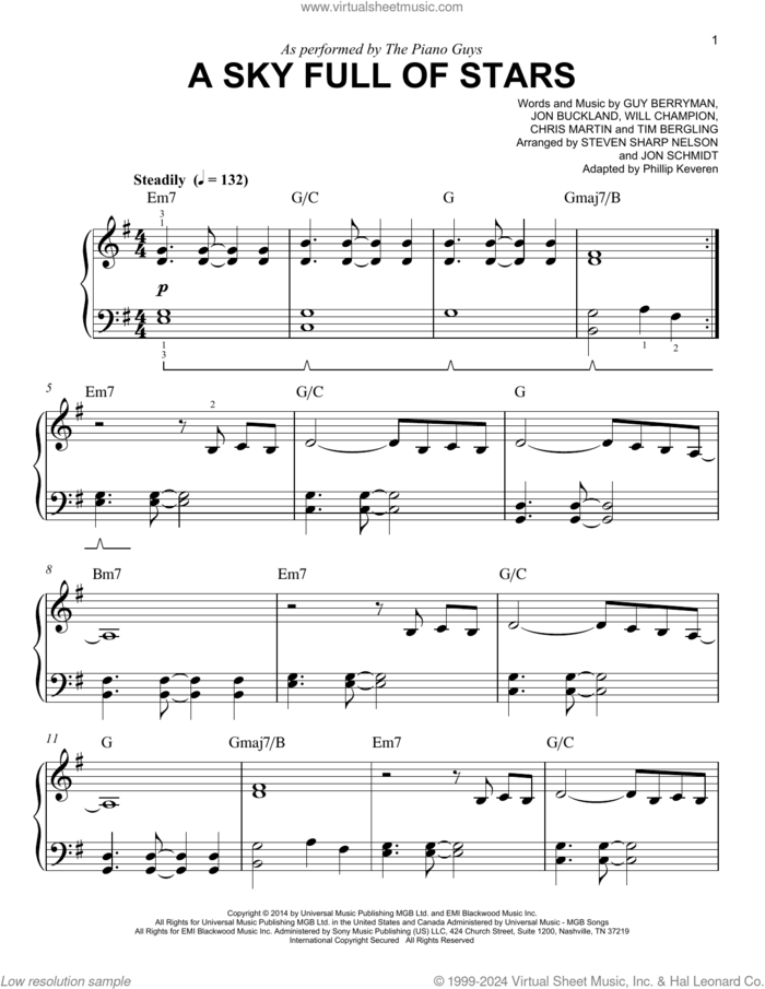 A Sky Full Of Stars (arr. Phillip Keveren) sheet music for piano solo by The Piano Guys, Phillip Keveren, Coldplay, Chris Martin, Guy Berryman, Jon Buckland, Tim Bergling and Will Champion, easy skill level