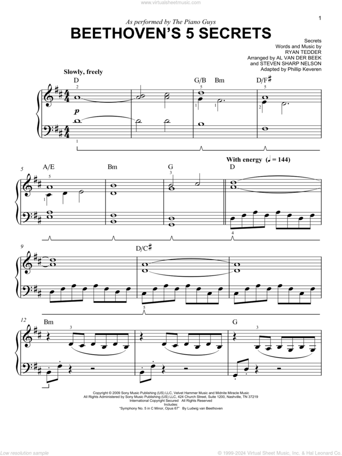 Beethoven's 5 Secrets (arr. Phillip Keveren) sheet music for piano solo by The Piano Guys, Al van der Beek (arr.), Phillip Keveren, Steven Sharp Nelson (arr.), Ludwig van Beethoven and Ryan Tedder, classical score, easy skill level