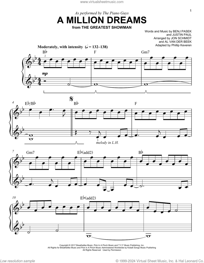 A Million Dreams (arr. Phillip Keveren) sheet music for piano solo by The Piano Guys, Phillip Keveren, Benj Pasek and Justin Paul, easy skill level