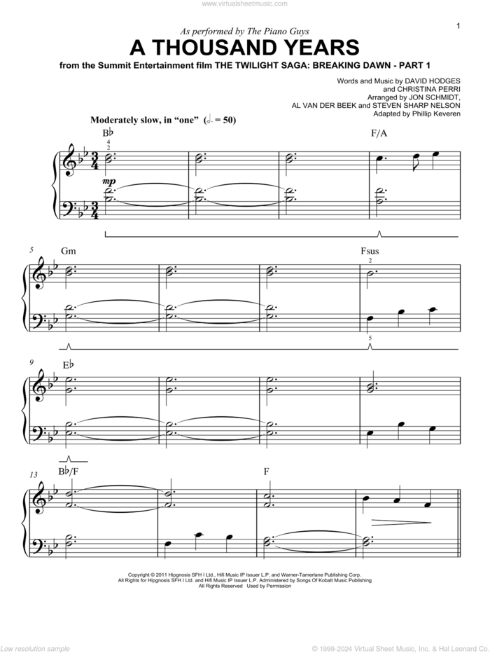 A Thousand Years (arr. Phillip Keveren) sheet music for piano solo by The Piano Guys, Phillip Keveren, Christina Perri and David Hodges, easy skill level
