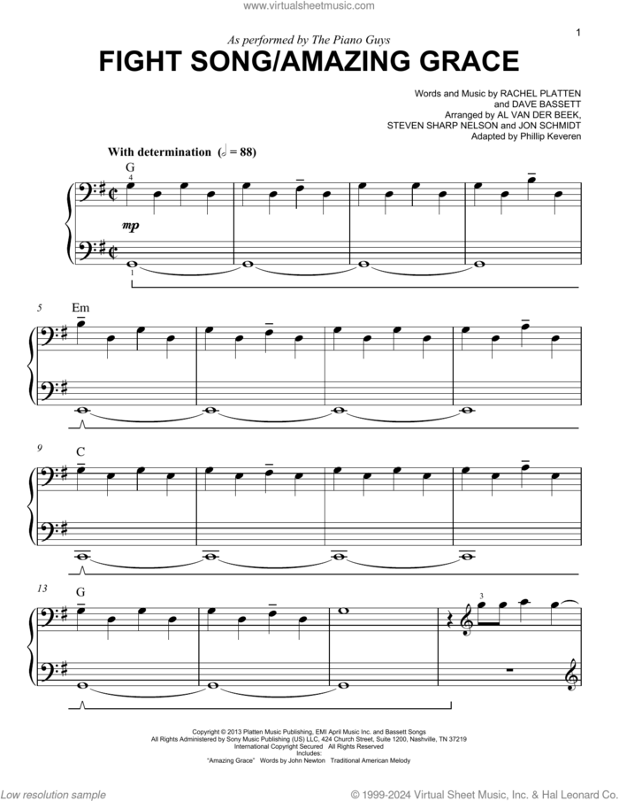 Fight Song/Amazing Grace (arr. Phillip Keveren) sheet music for piano solo by The Piano Guys, Phillip Keveren, Dave Bassett and Rachel Platten, easy skill level