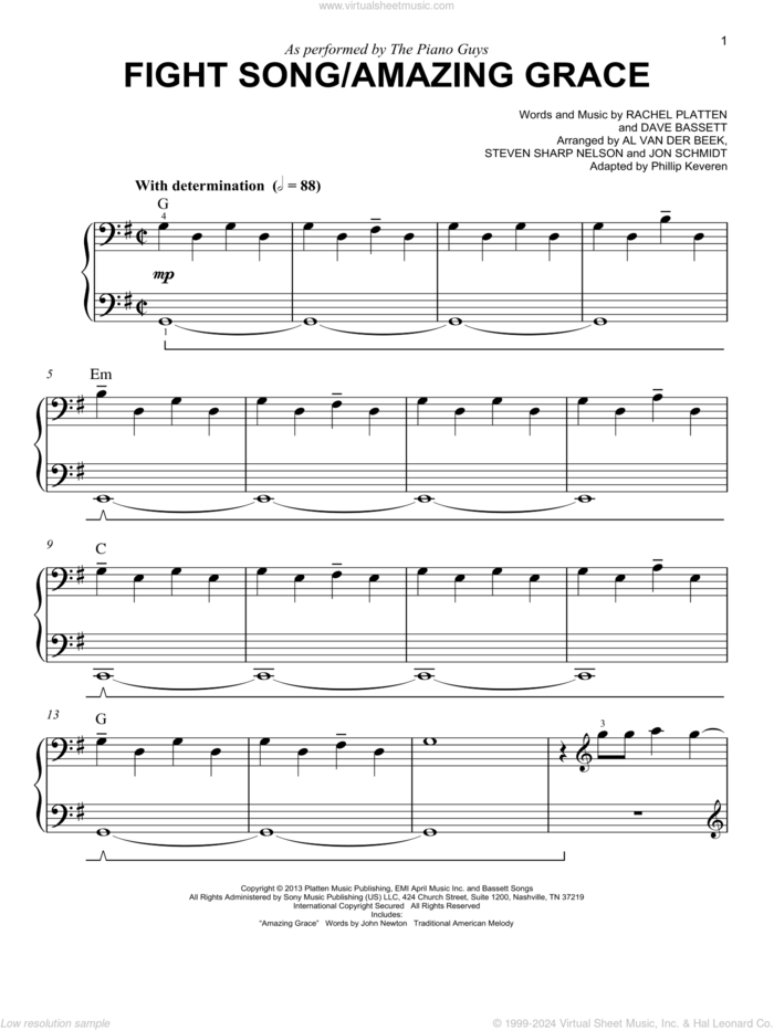 Fight Song/Amazing Grace (arr. Phillip Keveren) sheet music for piano solo by The Piano Guys, Phillip Keveren, Dave Bassett and Rachel Platten, easy skill level