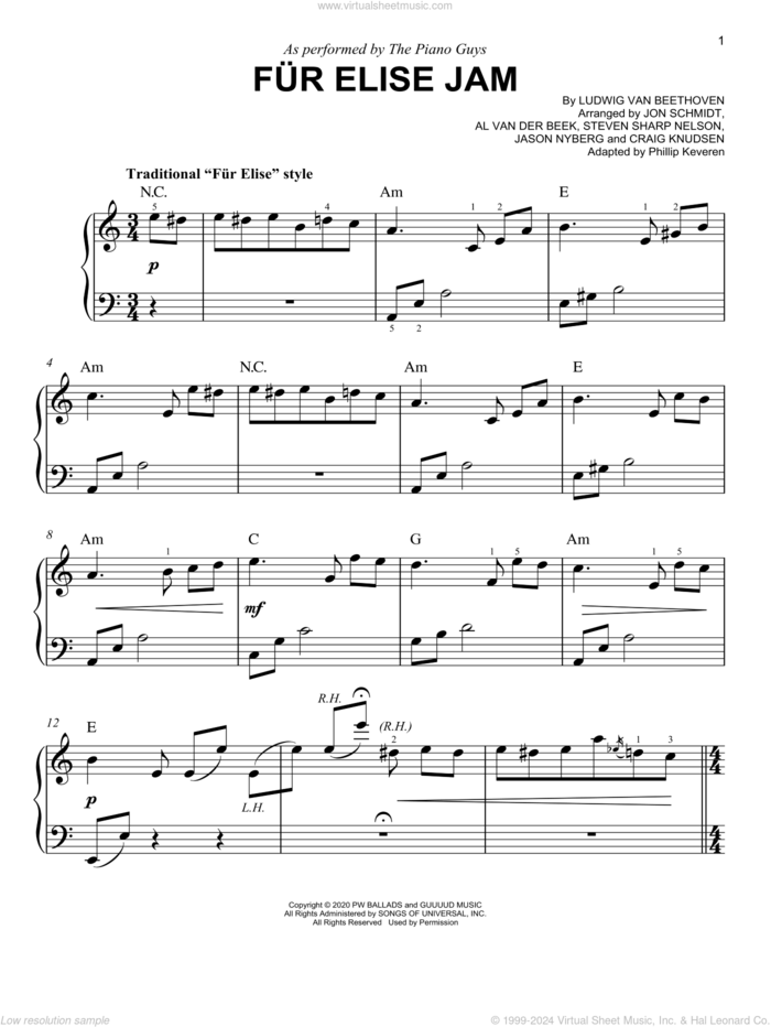 Fur Elise Jam (arr. Phillip Keveren) sheet music for piano solo by The Piano Guys, Phillip Keveren, Al van der Beek (arr.), Craig Knudsen (arr.), Jason Nyberg (arr.), Jon Schmidt (arr.), Ludwig van Beethoven and Steven Sharp Nelson (arr.), classical score, easy skill level