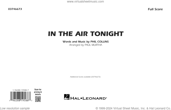 In The Air Tonight (arr. Paul Murtha) (COMPLETE) sheet music for marching band by Paul Murtha and Phil Collins, intermediate skill level