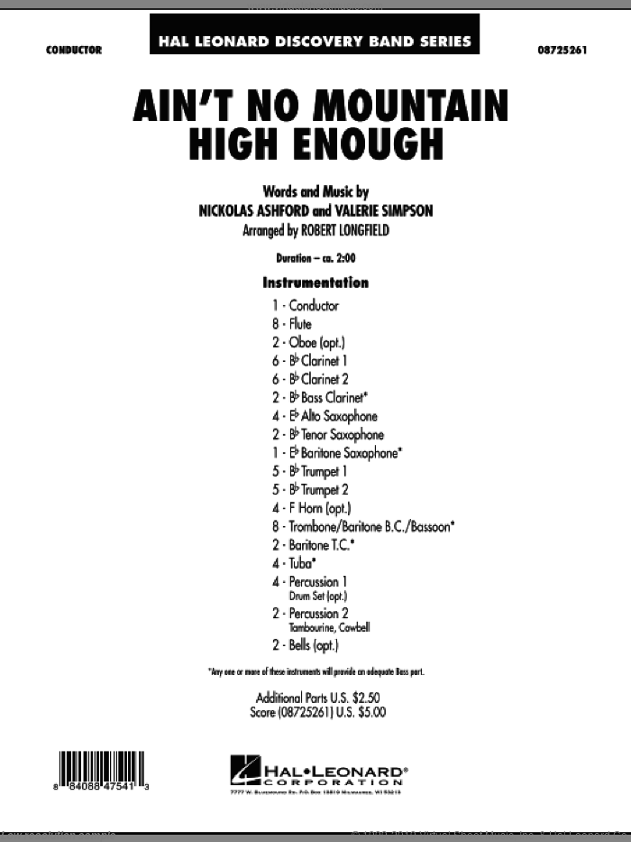 Ain't No Mountain High Enough (COMPLETE) sheet music for concert band by Nickolas Ashford, Valerie Simpson and Robert Longfield, intermediate skill level