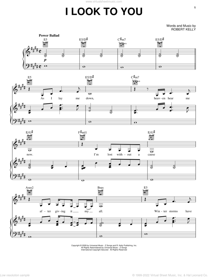 I Look To You sheet music for voice, piano or guitar by Whitney Houston and Robert Kelly, intermediate skill level