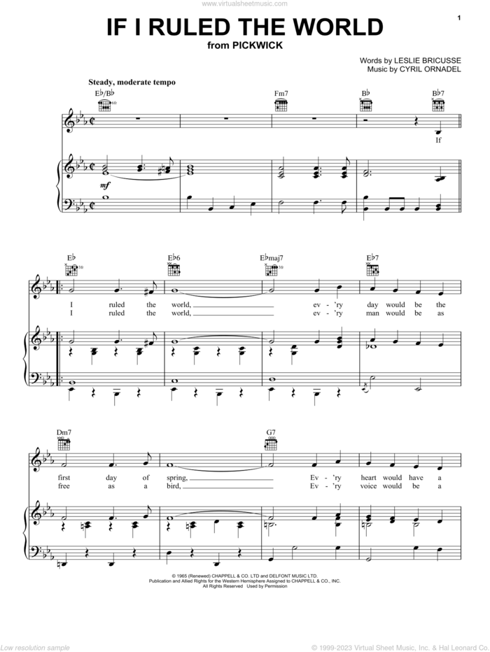 If I Ruled The World sheet music for voice, piano or guitar by Leslie Bricusse and Cyril Ornadel, intermediate skill level