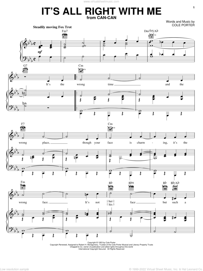It's All Right With Me sheet music for voice, piano or guitar by Cole Porter, intermediate skill level